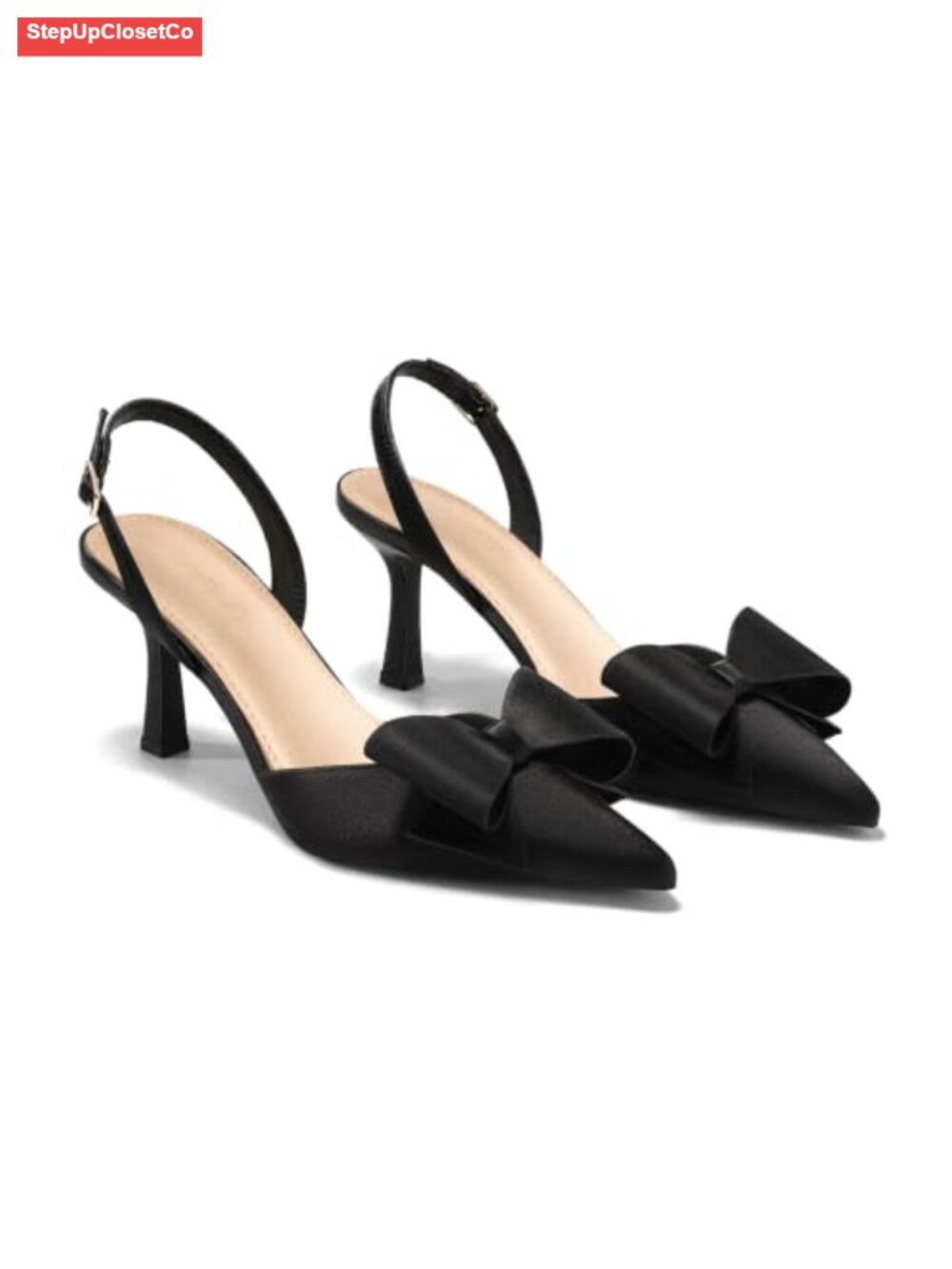 Women's Slingback Kitten Heels Bow Satin Pointed Toe Wedding Pumps